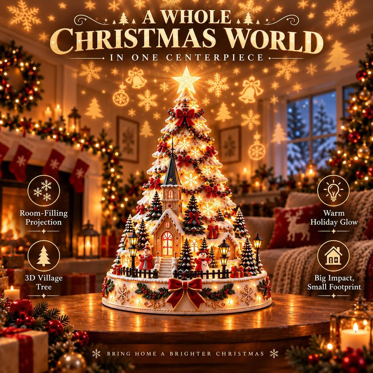Merrin Christmas Village Tree | Warm Ivory, Red, Green, Antique Gold - Hartwella