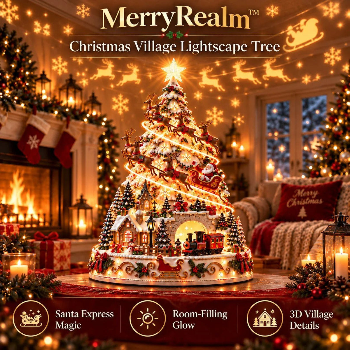 Merrin Christmas Village Tree | Warm Ivory, Red, Green, Antique Gold - Hartwella