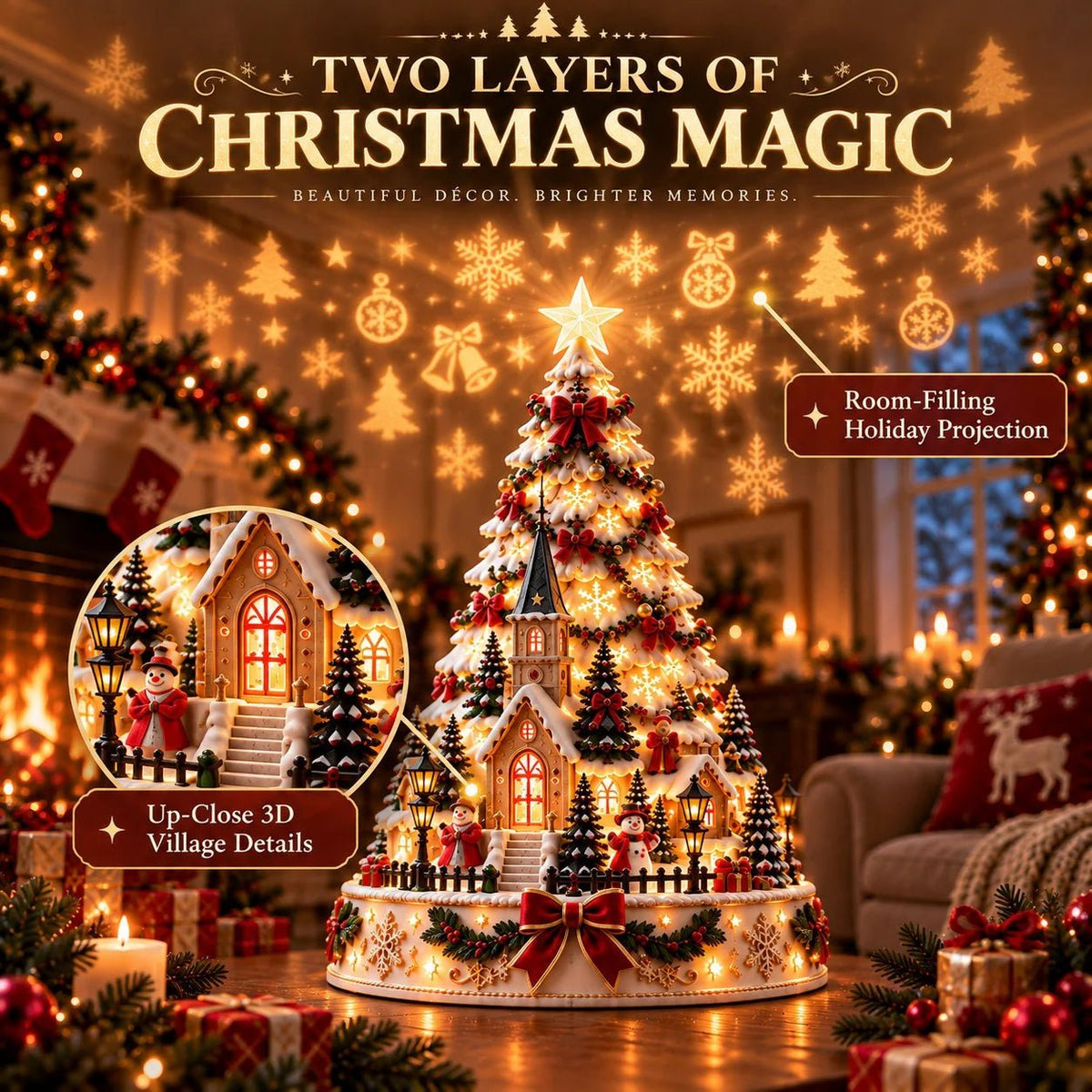Merrin Christmas Village Tree | Warm Ivory, Red, Green, Antique Gold - Hartwella