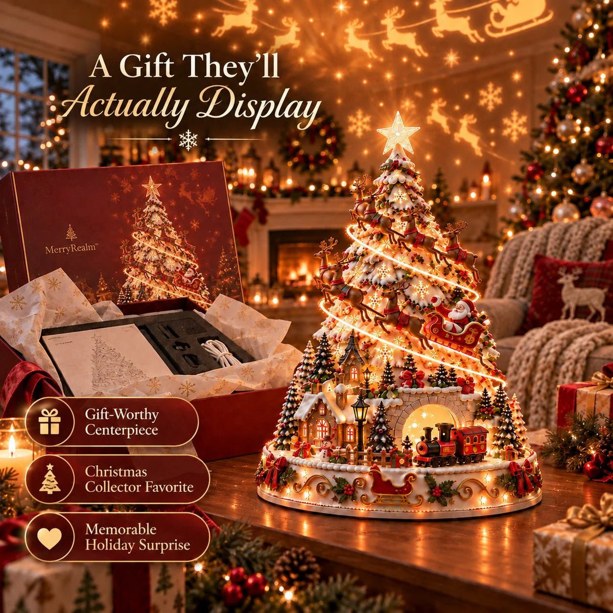 Merrin Christmas Village Tree | Warm Ivory, Red, Green, Antique Gold - Hartwella