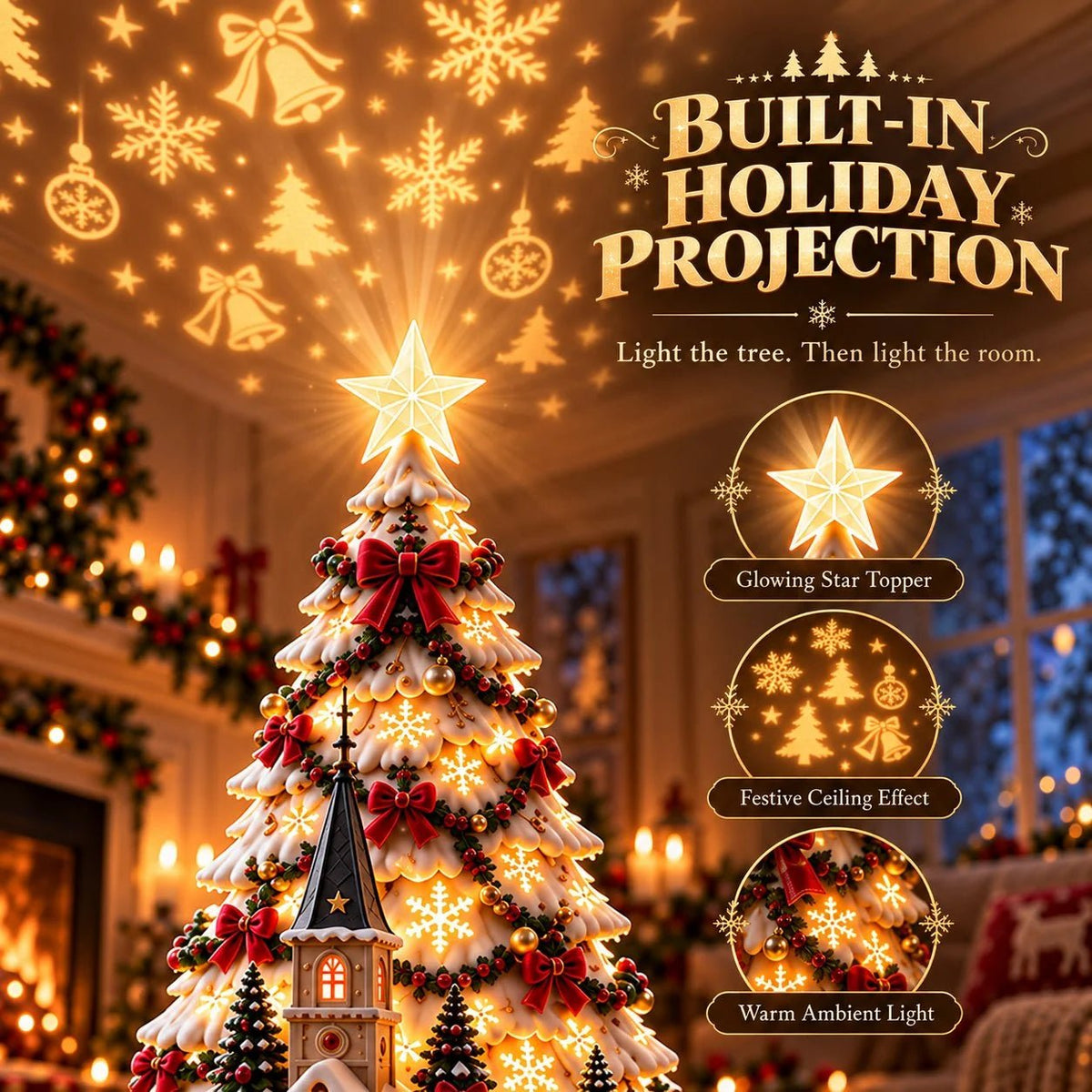 Merrin Christmas Village Tree | Warm Ivory, Red, Green, Antique Gold - Hartwella