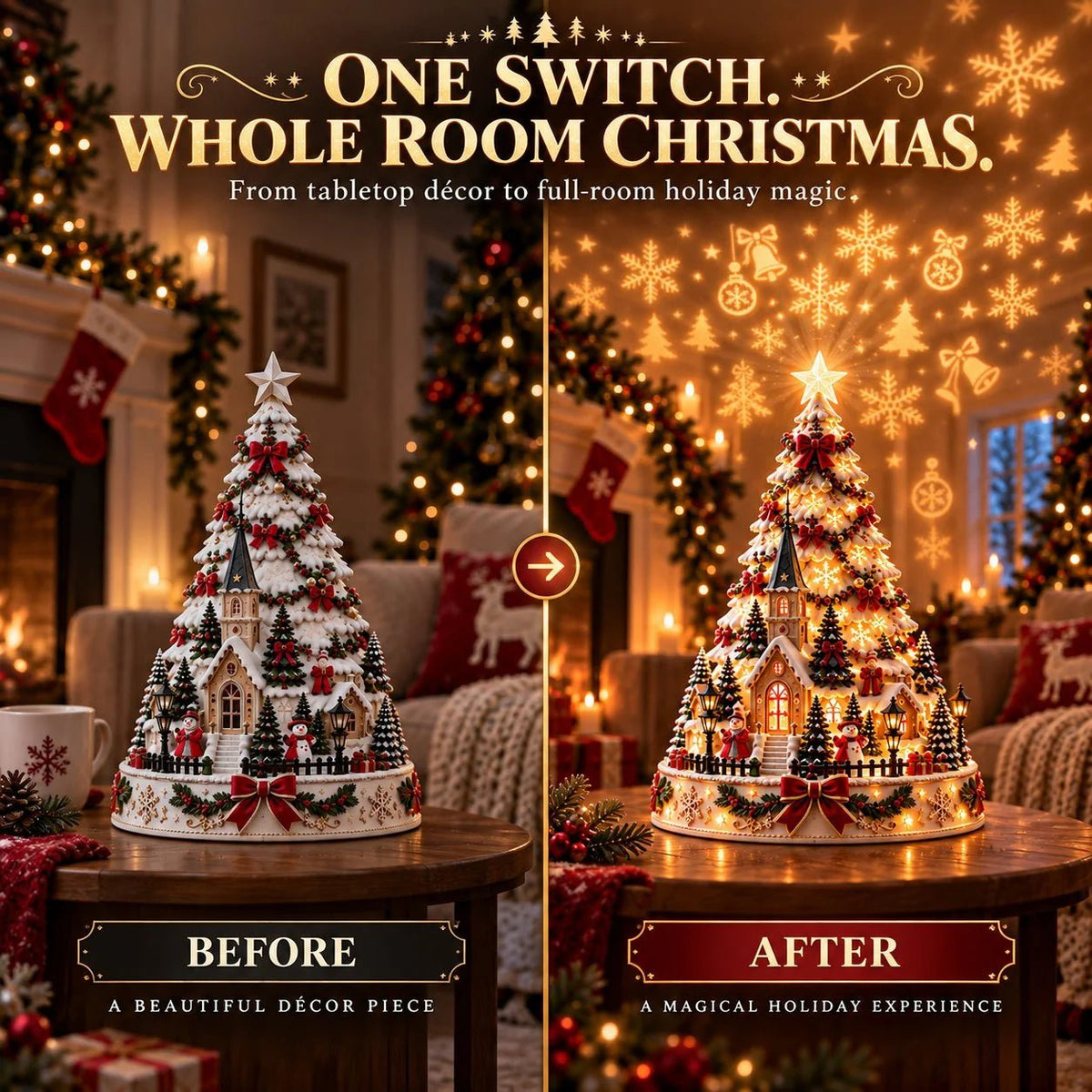 Merrin Christmas Village Tree | Warm Ivory, Red, Green, Antique Gold - Hartwella