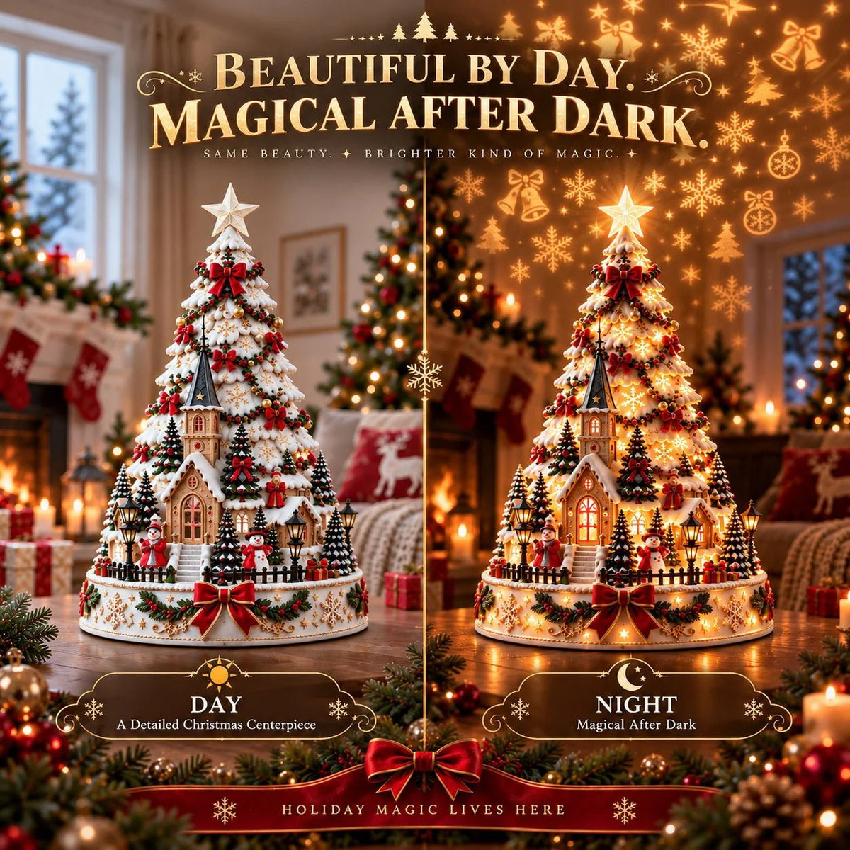 Merrin Christmas Village Tree | Warm Ivory, Red, Green, Antique Gold - Hartwella