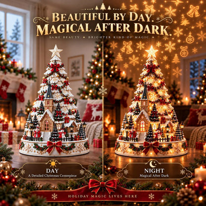 Merrin Christmas Village Tree | Warm Ivory, Red, Green, Antique Gold - Hartwella