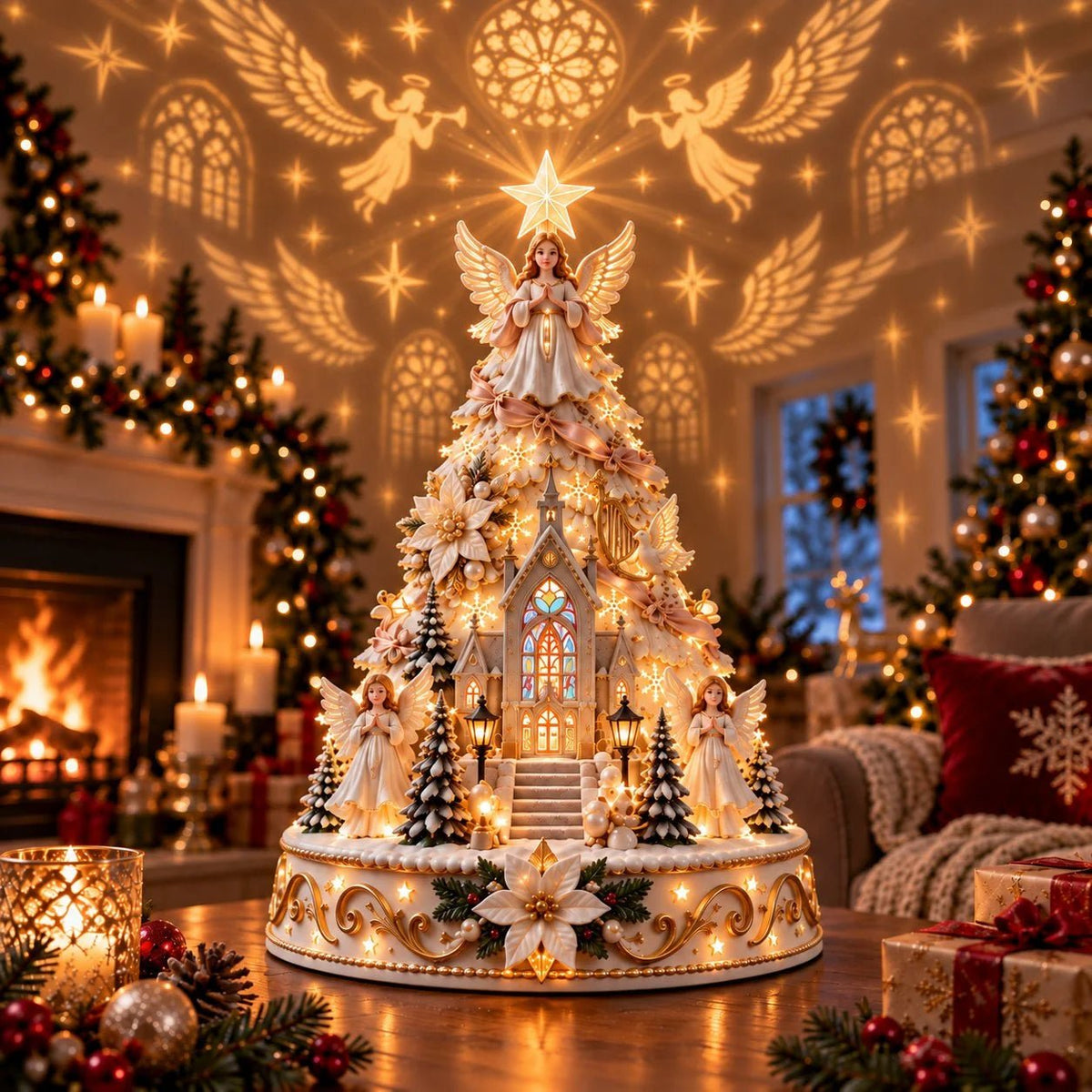 Merrin Christmas Village Tree | Warm Ivory, Red, Green, Antique Gold - Hartwella