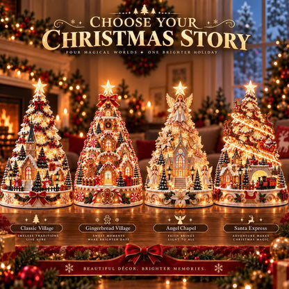 Merrin Christmas Village Tree | Warm Ivory, Red, Green, Antique Gold - Hartwella