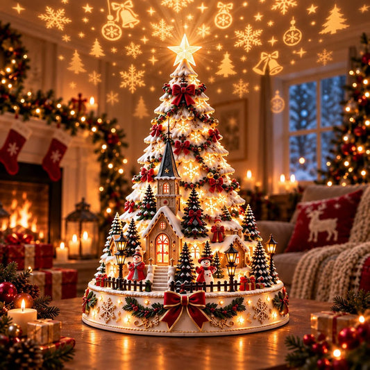 Merrin Christmas Village Tree | Warm Ivory, Red, Green, Antique Gold - Hartwella