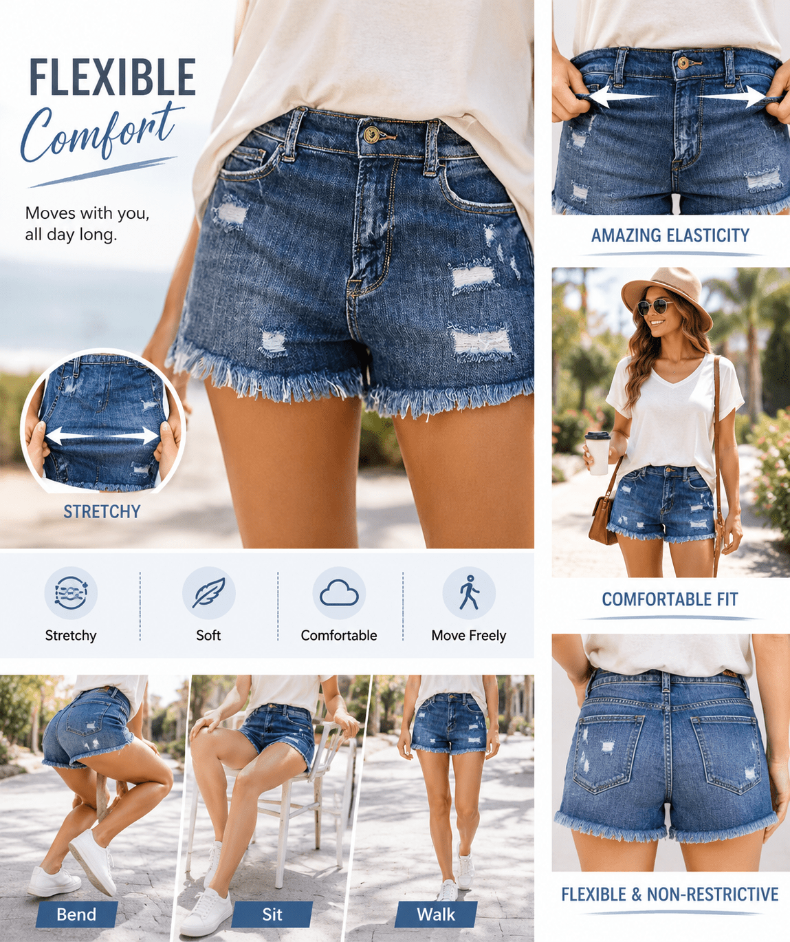 Mira Denim Shorts | Casual Mid Rise, 100% Cotton, Womens Jean Shorts - Hartwella