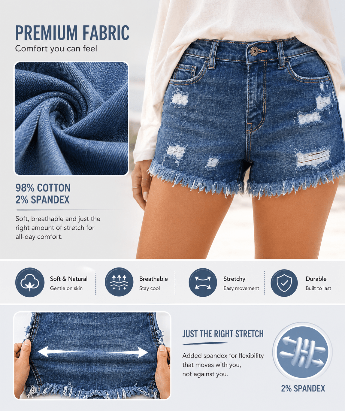 Mira Denim Shorts | Casual Mid Rise, 100% Cotton, Womens Jean Shorts - Hartwella