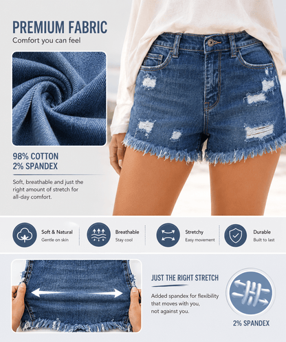 Mira Denim Shorts | Casual Mid Rise, 100% Cotton, Womens Jean Shorts - Hartwella