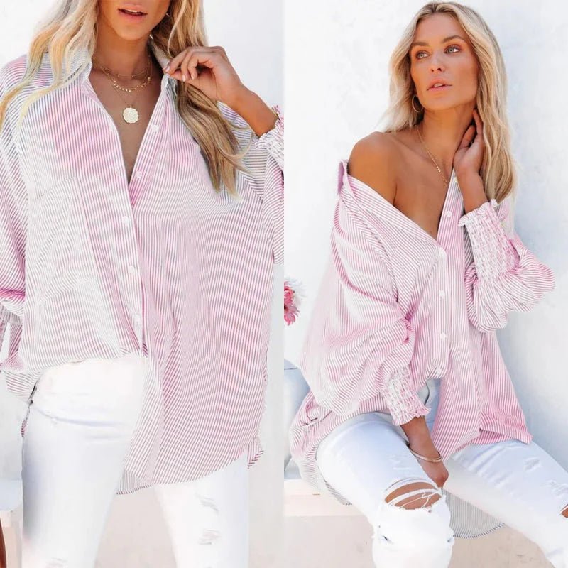 Mira Smocked Shirt | Lightweight Polyester, V - Neck, Casual Style - Hartwella