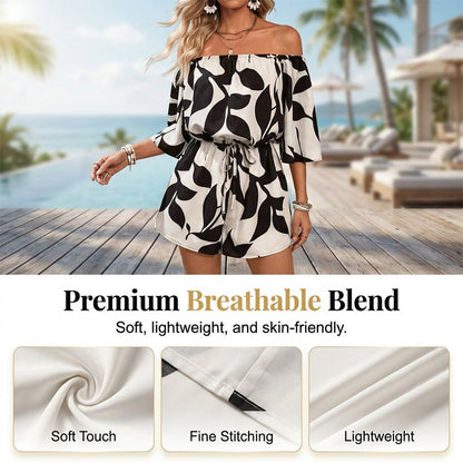 Oriana Off Shoulder Jumpsuit | Adjustable Drawstring, Abstract Print - Hartwella