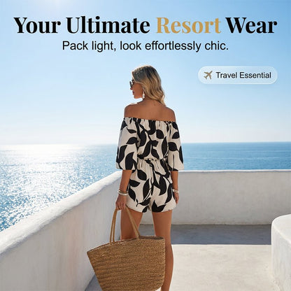 Oriana Off Shoulder Jumpsuit | Adjustable Drawstring, Abstract Print - Hartwella
