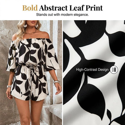 Oriana Off Shoulder Jumpsuit | Adjustable Drawstring, Abstract Print - Hartwella