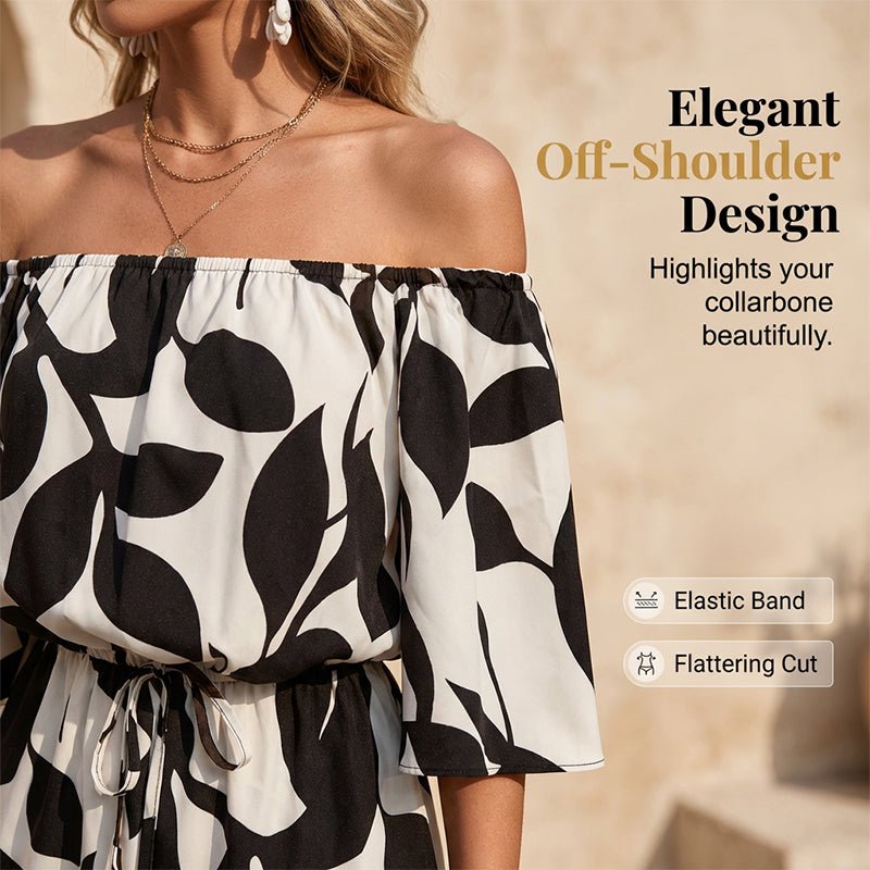 Oriana Off Shoulder Jumpsuit | Adjustable Drawstring, Abstract Print - Hartwella