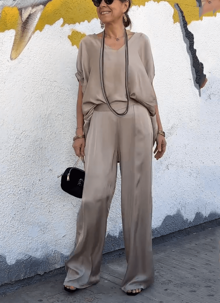 Oriana Satin Two-Piece Set | Oversized V-Neck Top & Wide-Leg Pants - Hartwella