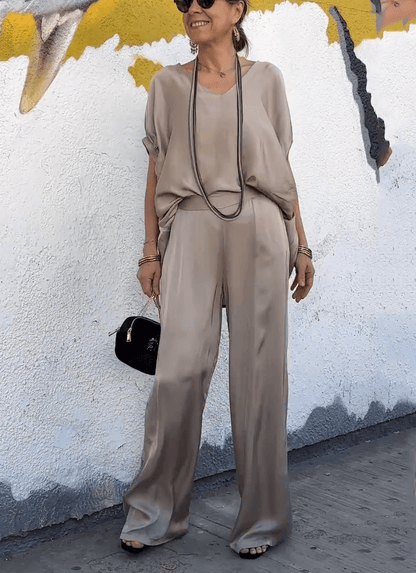 Oriana Satin Two-Piece Set | Oversized V-Neck Top & Wide-Leg Pants - Hartwella