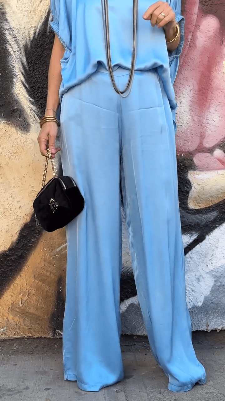 Oriana Satin Two-Piece Set | Oversized V-Neck Top & Wide-Leg Pants - Hartwella