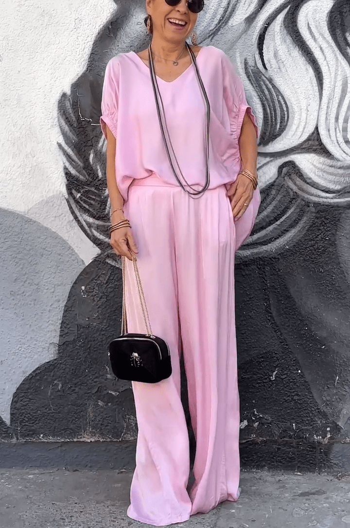 Oriana Satin Two-Piece Set | Oversized V-Neck Top & Wide-Leg Pants - Hartwella