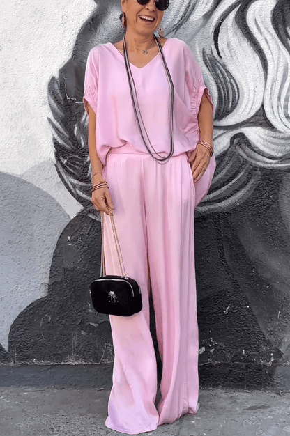 Oriana Satin Two-Piece Set | Oversized V-Neck Top & Wide-Leg Pants - Hartwella