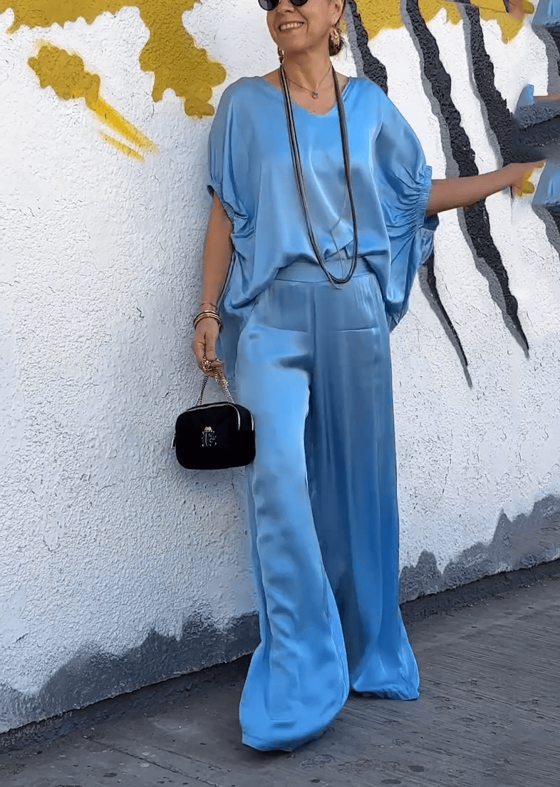 Oriana Satin Two-Piece Set | Oversized V-Neck Top & Wide-Leg Pants - Hartwella