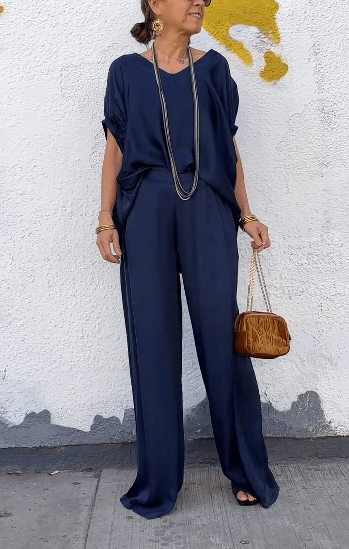 Oriana Satin Two-Piece Set | Oversized V-Neck Top & Wide-Leg Pants - Hartwella
