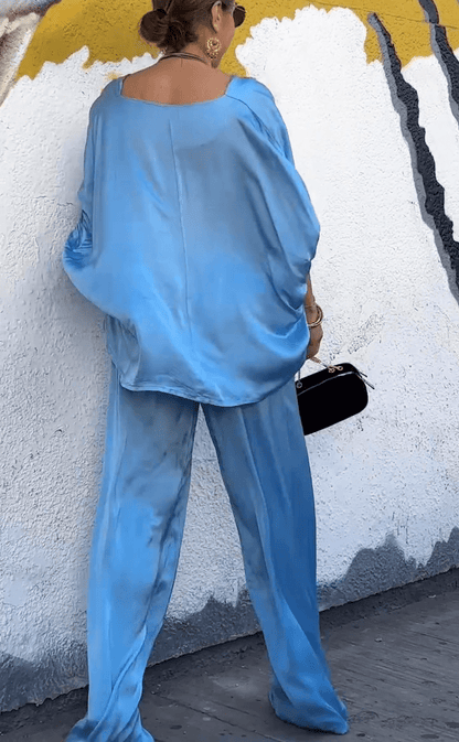 Oriana Satin Two-Piece Set | Oversized V-Neck Top & Wide-Leg Pants - Hartwella