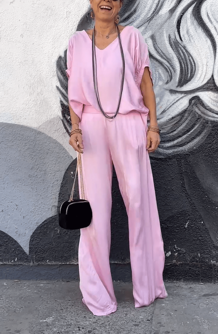 Oriana Satin Two-Piece Set | Oversized V-Neck Top & Wide-Leg Pants - Hartwella