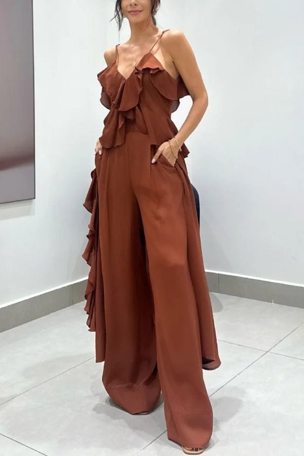 Raffi Two Piece Set | Lightweight Chiffon Ruffled Cami & Wide Leg Pants - Hartwella