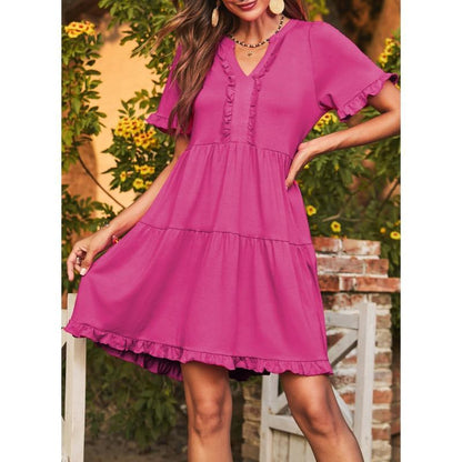 Ravina Women's Dress | V-Neck Ruffle A-Line Summer Dress in Black - Hartwella