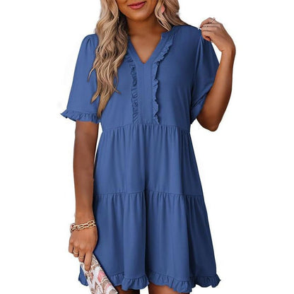 Ravina Women's Dress | V-Neck Ruffle A-Line Summer Dress in Black - Hartwella