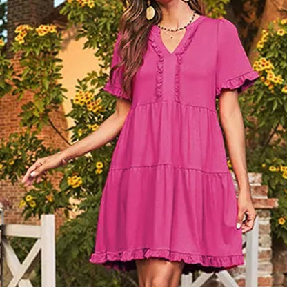 Ravina Women's Dress | V-Neck Ruffle A-Line Summer Dress in Black - Hartwella