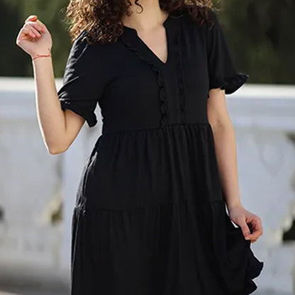 Ravina Women's Dress | V-Neck Ruffle A-Line Summer Dress in Black - Hartwella