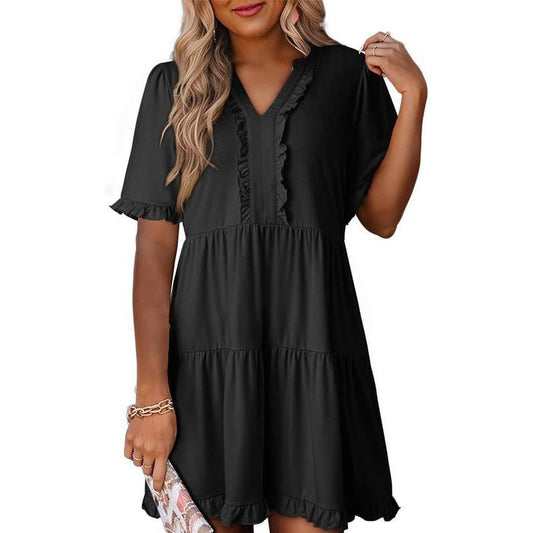 Ravina Women's Dress | V-Neck Ruffle A-Line Summer Dress in Black - Hartwella