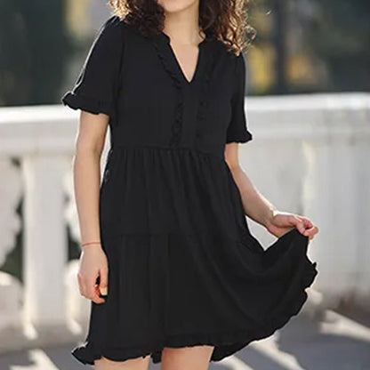 Ravina Women's Dress | V-Neck Ruffle A-Line Summer Dress in Black - Hartwella