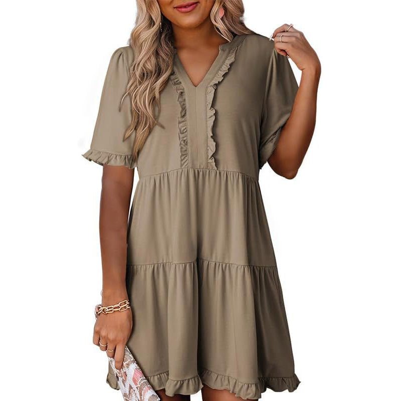 Ravina Women's Dress | V-Neck Ruffle A-Line Summer Dress in Black - Hartwella