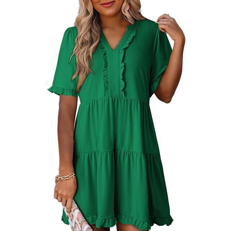 Ravina Women's Dress | V-Neck Ruffle A-Line Summer Dress in Black - Hartwella
