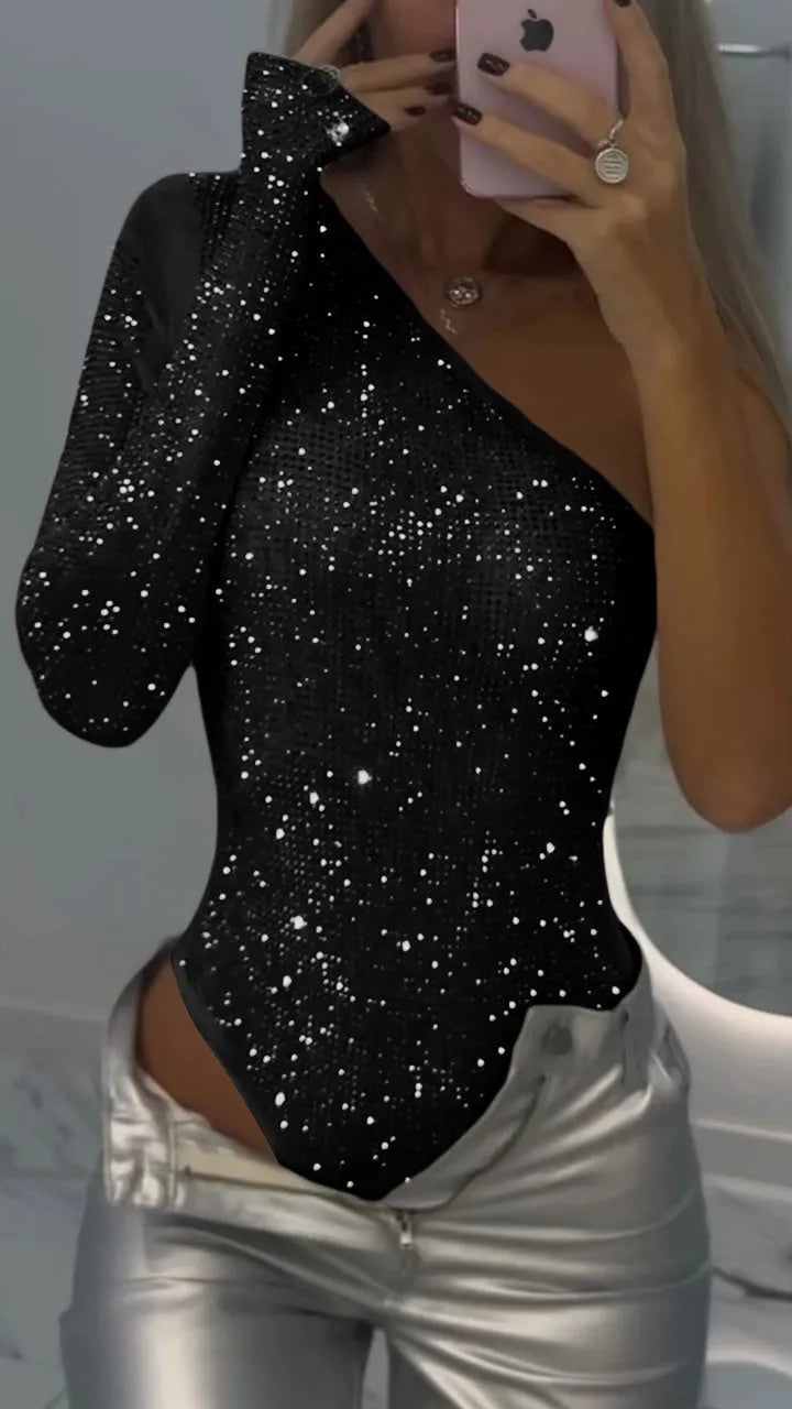 Rina One-Shoulder Top | Rhinestone, Slim Fit - Hartwella