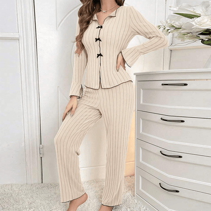 Rina Ribbed Pajama Set | Elegant Lapel Collar, Flared Sleeves - Hartwella