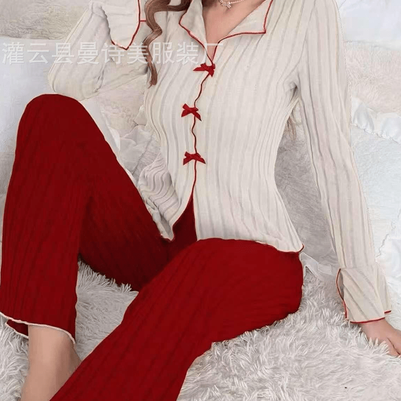 Rina Ribbed Pajama Set | Elegant Lapel Collar, Flared Sleeves - Hartwella