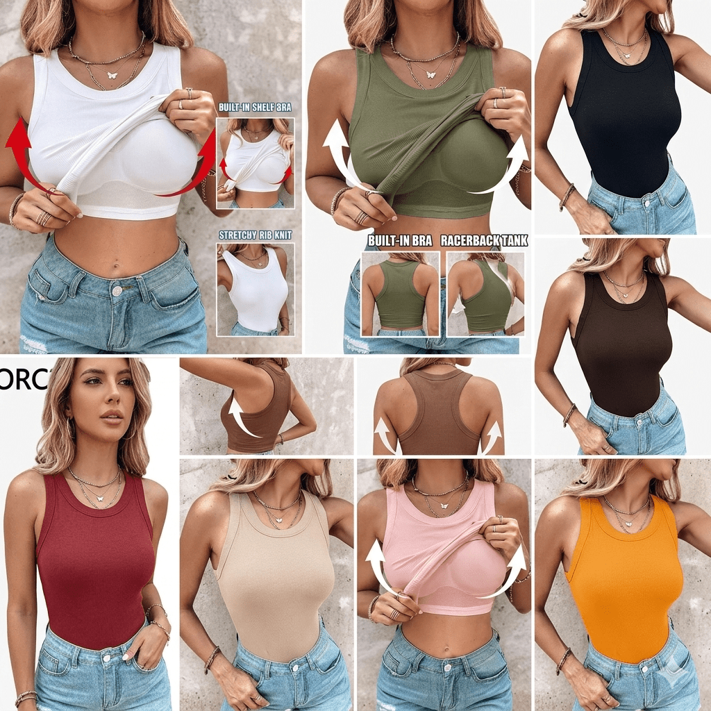 Rina Ribbed Tank Top | Built-In Bra, Soft & Breathable Fabric - Hartwella