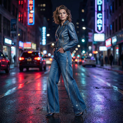 Rina Wide-Leg Jeans | Rhinestone Embellished, High-Waist - Hartwella