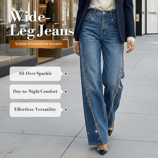 Rina Wide-Leg Jeans | Rhinestone Embellished, High-Waist - Hartwella