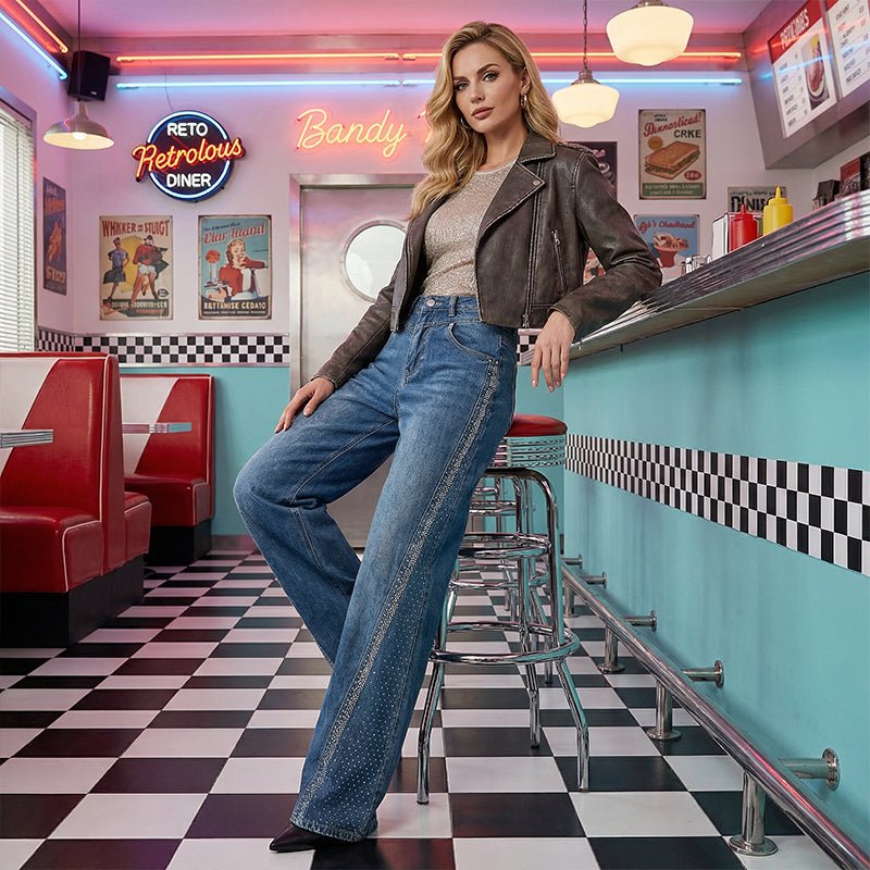 Rina Wide-Leg Jeans | Rhinestone Embellished, High-Waist - Hartwella