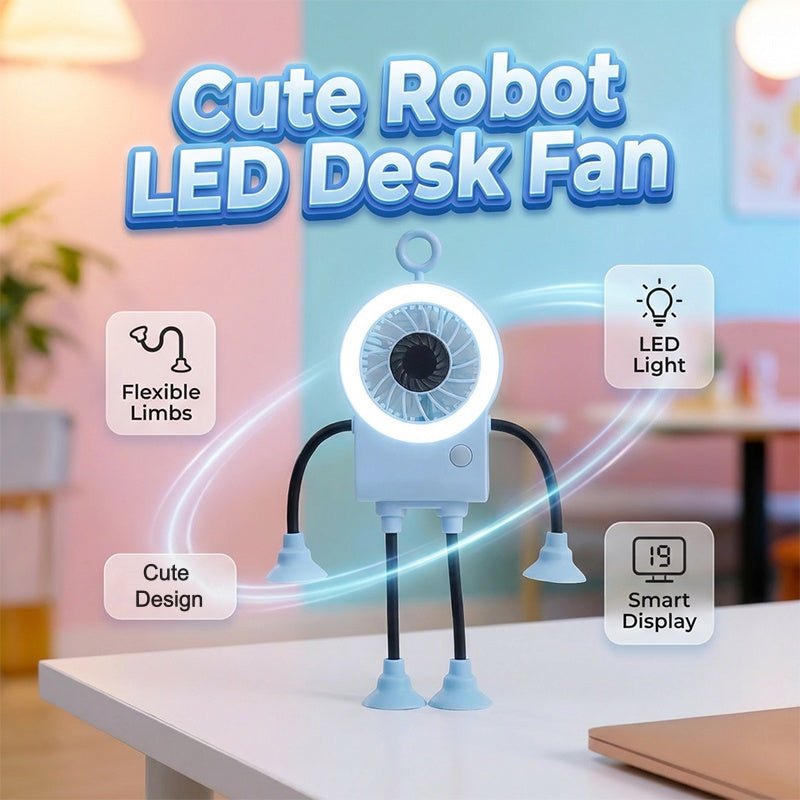 Robo Mini Desk Fan | Bendable, USB Rechargeable with LED Light - Hartwella