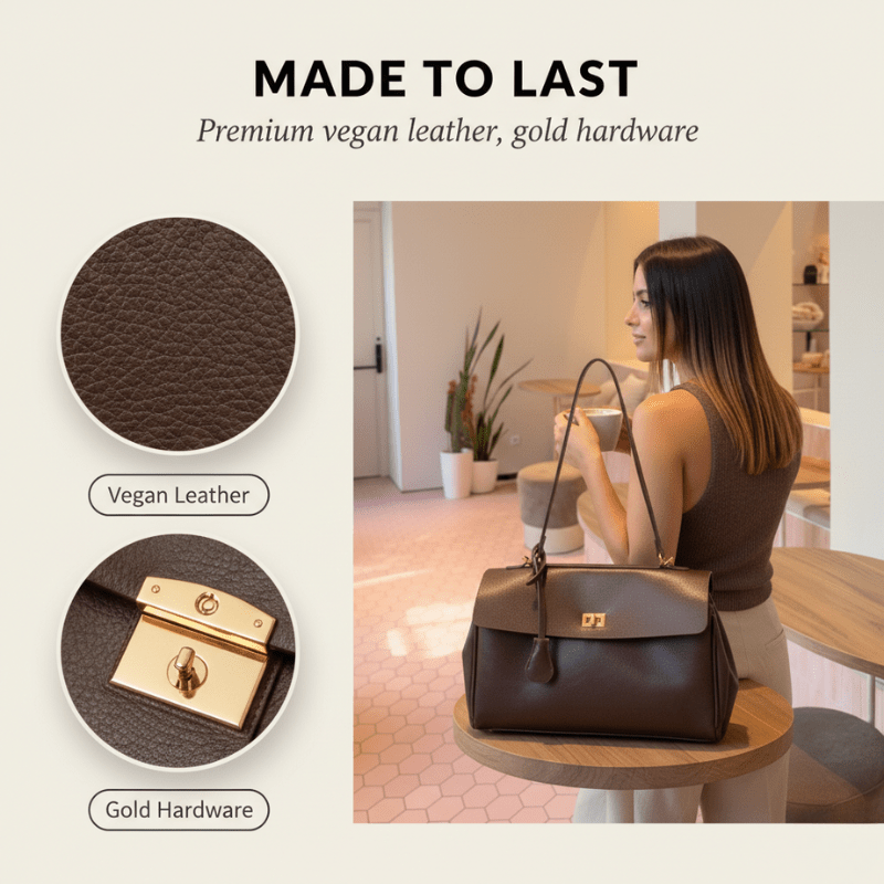 Sable Vintage Shoulder Bag | Premium Vegan Leather, Gold Turn-Lock Closure - Hartwella