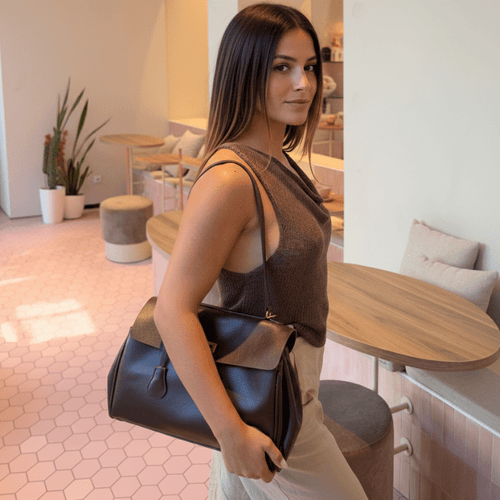 Sable Vintage Shoulder Bag | Premium Vegan Leather, Gold Turn-Lock Closure - Hartwella