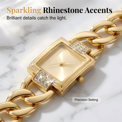 Sera Square Dial Women's Watch | Rhinestone Accents, Chain-Link Bracelet - Hartwella