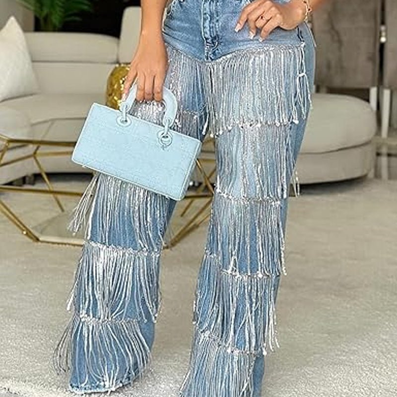 Sera Women's Jeans | Relaxed Fit, Tiered Tassels, Black - Hartwella