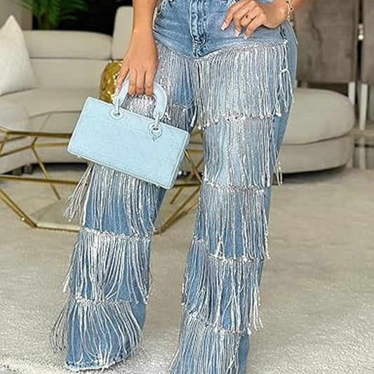 Sera Women's Jeans | Relaxed Fit, Tiered Tassels, Black - Hartwella